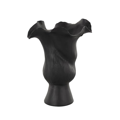 Image of Deco 79 Ceramic Abstract Floral Inspired Vase with Wavy Folded Rim and Linear Grooves, 8 inch x 7 inch x 11 inch, Black