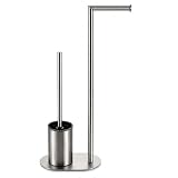 Piantana Bagno Portarotolo e Scopino WC da Terra in Acciaio Inox Spazzolato, Porta Carta Igienica Salvaspazio con Scopino per Bagno Moderno, Supporto Autoportante per Toilette