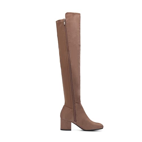Eettaro Women's Over The Knee Boot Thigh High Block Heel Stretch Boots Fashion Side Zip Almond Toe Winter Booties(Taupe Faux Suede V2, Numeric_6.5) #TOP6