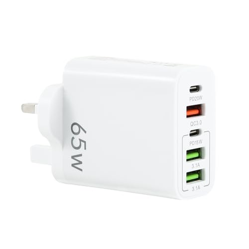USB Plug Charger 65W 5-Port Multi Charging Power Adapter with PD 20W Power Adapter QC 3.0 USB Charging Plug for iPhone Samsung Galaxy Huawei Tablet (White)