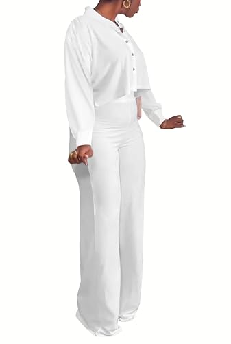 HBQ Women's 2 Piece Outfits Casual Tracksuit Long Sleeve Button Down Crop Top Wide Leg Long Pant Lounge Sets3