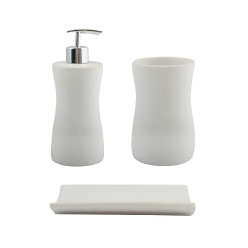 MSV Bad Accessoires en céramique 3 pièces – Distributeur de Savon, Porte-Savon, gobelet à Brosse à Dents Palma Blanc