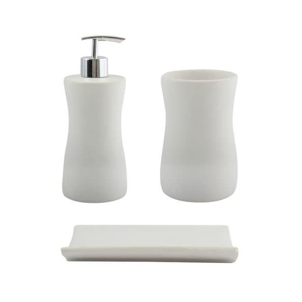 MSV Bad Accessoires en céramique 3 pièces – Distributeur de Savon, Porte-Savon, gobelet à Brosse à Dents Palma Blanc