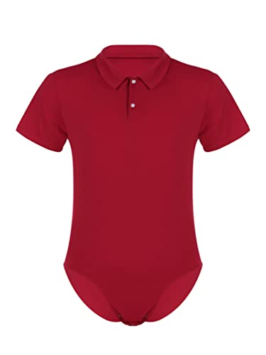 Mens Short Sleeve One Piece Slim Fit Turn-Down Collar Press Button Crotch Shirt Leotard Bodysuit