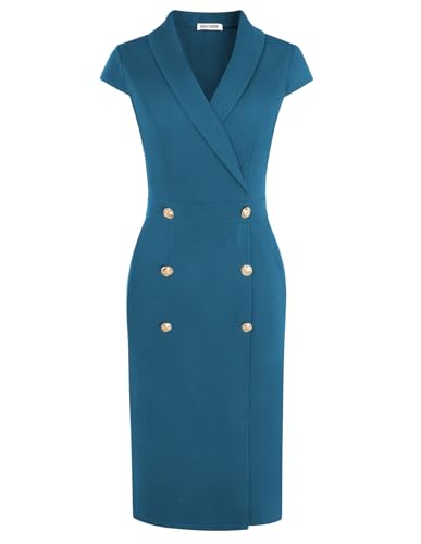 GRACE KARIN Women Work Bodycon Dresses 2025,Business Office Midi Cap Sleeve Button Pencil Formal Outfits with Pockets 10 Teal