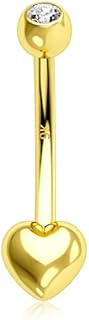 Melighting 9ct & 14ct Gold Heart Belly Button Ring 14G Belly Piercing Jewellery Navel Ring Gold Belly Bars Round CZ Navel Piercings Belly Jewelry Gift for her