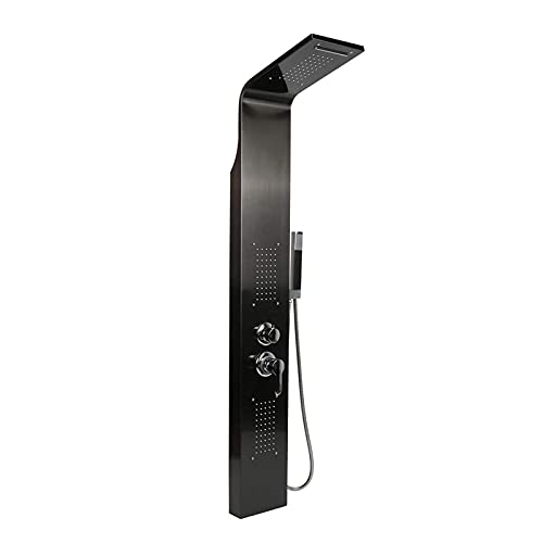 Columna de ducha, cascada y ducha, 20 x 7 x 140 cm, ducha cómoda, control de termostato, duchas de mano, chorro de masaje, boquilla de masaje, ducha para cuarto de baño, hotel, gimnasio, spa - negro Cover