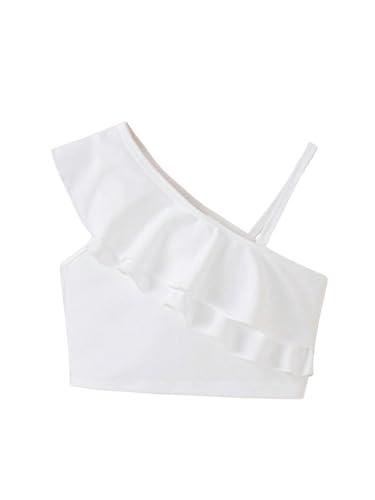 SweatyRocks Girl's Crop Tank Tops Asymmetrical Neck Ruffle Fitted Cute Summer Sleeveless Tops