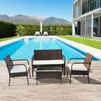 OVIOS 4-Piece Brown Wicker Patio Conversation Set with Square Table and Beige Cushions | Colour-Brown |