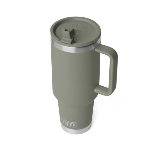 Image of YETI Rambler 40 oz Travel Mug with Flip Straw Lid - Stainless Steel, Vacuum Insulated, Leakproof, Cup Holder Friendly, Pampa Green