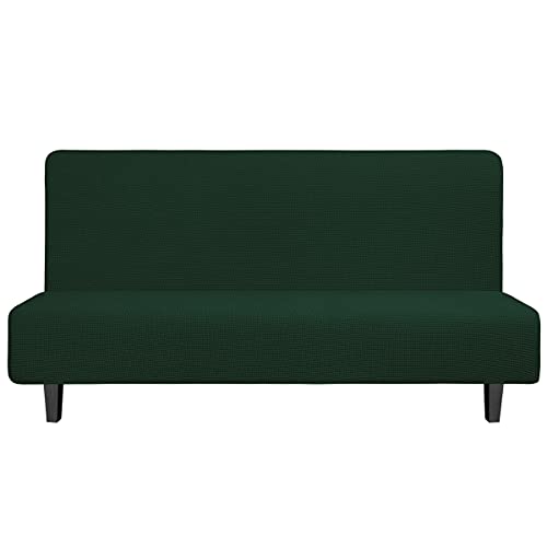 Image of Easy-Going Stretch Large Futon Slipcover Armless Futon Cover Dark Green | Sofa Bed Furniture Protector Without Armrests with Elastic Bottom for Kids, Soft Jacquard Machine Washable
