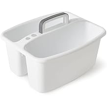 Gracious Living Storage Caddy, 2-Compartment Portable Plastic Tote with Handle for Cleaning Supplies, Craft Organization, Makeup, White/Gray