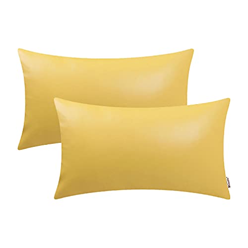Image of BRAWARM Pack of 2 Cozy Bolster Pillow Covers Cases for Couch Sofa Bed Solid Faux Leather Soft Luxury Cushion Covers Both Sides Home Decoration 12 X 20 Inches Primrose Yellow