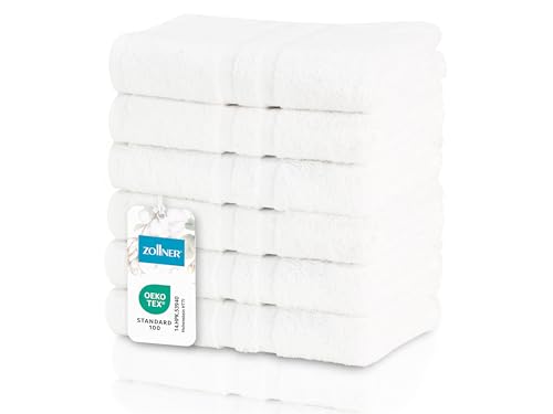 ZOLLNER 6er Set Handtücher in 50x70 cm - Flauschige Badetücher aus Baumwolle - mit moderner Streifenbordüre - waschbar bis 95°C - mit praktischem Aufhänger - in weiß - Hotelqualität ZOLLNER 6er Set Handtücher in 50x70 cm - Flauschige Badetücher aus Baumwolle - mit moderner Streifenbordüre - waschbar bis 95°C - mit praktischem Aufhänger - in weiß - Hotelqualität