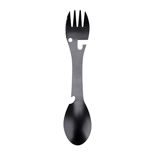 equlup Multifunction Spoon Fork, 5 in 1 Portable Multifunction Spoon Fork Bottle Can Opener Sawtooth Cutter Functional Multi Flatware Tool for Outdoor Camping Picnic Activity