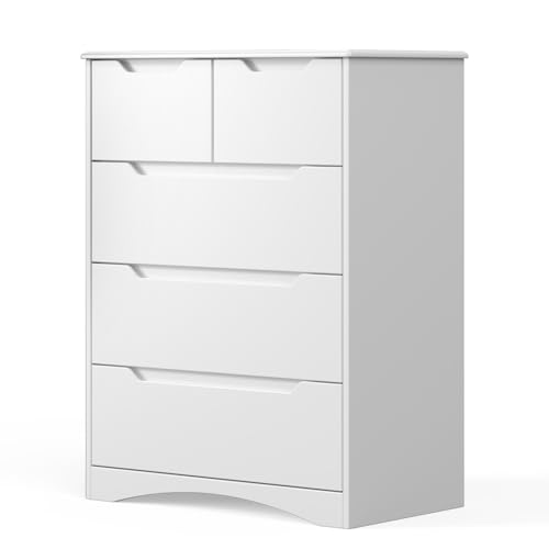 Gizoon 5 Drawers Chest, White Dresser for Bedroom with Large Storage Capacity, Chest of Drawers with Embedded Handle, Deep-Drawer Dresser for Closet with Anti-Tip Kit，for Hallway, Office, Living Room
