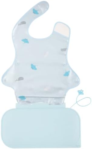 Papas Idea - Manta Coverall Baby Feeding Bib for First Eating, Short Sleeve Weaning BLW Bib & Silicon Mat for Toddlers, Catch All Attaches to Highchair Booster Seat Table Smock, Blue Sky