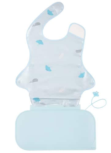 Papas Idea - Manta Coverall Baby Feeding Bib For First Eating, Short Sleeve Weaning Blw Bib & Silicon Mat For Toddlers, Catch All Attaches To Highchair Booster Seat Table Smock, Blue Sky #TOP1