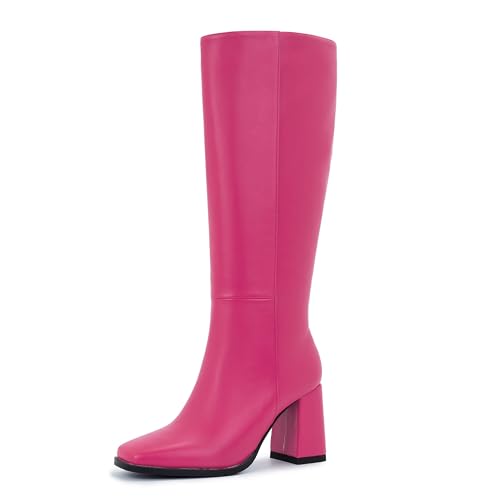 Image of Knee High Boots for Women - Wide Calf Boots with Zipper, Square Toe Tall Leather Boots, Chunky Heel Fashion Long Boots