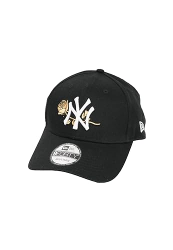Strapback regolabile New Era Cappello 9FORTY Nero con Ricamo Rosa Logo NY, Colore:Nero, Taglia:One Size