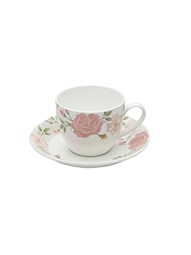 Image of Clay Craft Fine Ceramic Cup&Saucer Set of 12 (6 Tea Cups+6 Saucers) White Pink Floral Can Be Used for Birthdays,Anniversaries,Parties,Mother,Father,Sister,Medium (Cc-Cs12-Cream-S341),180 Milliliter