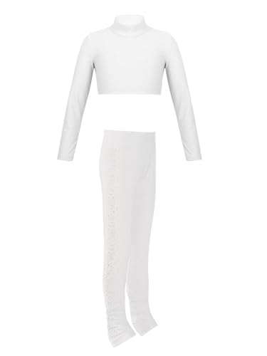 Children Girls Piece Gymnastic Ballet Outfit Long Sleeve Mock Neck Crop Top With Rhinestones Leggings Set3