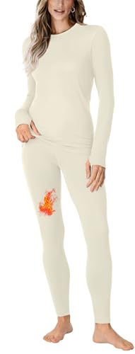 WIHOLL Thermal Underwear for Women Winter Clothing Long Johns for Women Base Layer Thermals Top and Bottom Set Thermal Underwear Fleece Lined Leggings Winter Warm Pajama Sets Two Piece Beige M