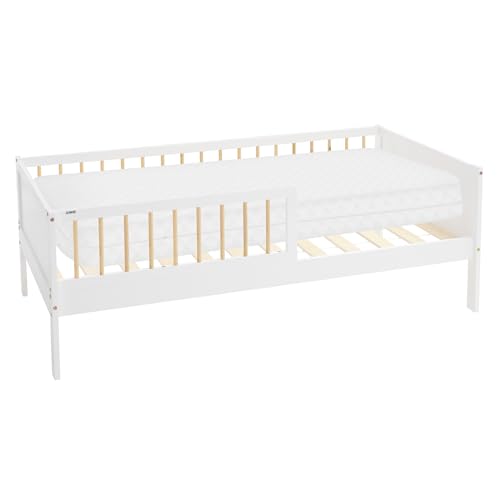 ML-Design Letto per Bambini e Bambine 80x160 cm Bianco-Naturale con Materasso Lettino Singolo in Legno Massiccio con Rete a Doghe e Protezione Anticaduta Letto per Giovani in Legno di Pino