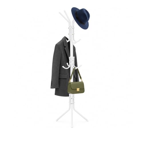 Image of Coat Stand 12 Hooks 175cm 3-Tier Metal Coat Rack with Umbrella Holder White | Freestanding Coat Rack with 12 Hooks and 3-Tier Storage, Ideal for Coats, Hats, Bags and Umbrellas in Hallways and Offices