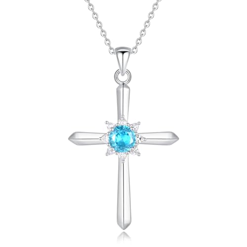 FANCIME Aquamarine Cross Necklace for Women Sterling Silver March Birthstone ...