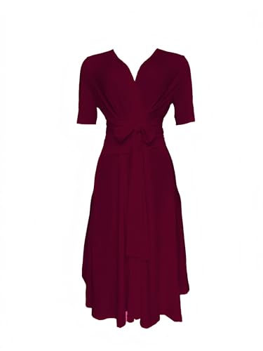Image of Comfortable Dresses for Women Stretchy Flattering Fit Wrap Dress V Neck Short Sleeve Tie Waist Daily Wear Work Vacation