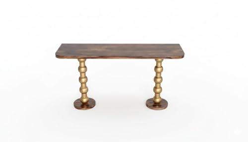 Image of Solid Sheesham Wood Console Table for Living Room | Entryway Hallway Sofa & Fish Tank Table | Designer Gold Finish Turned Legs | Luxury Wooden Accent Furniture | Light Brown Finish