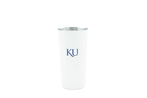Decorvo Officially Licensed Collegiate Stainless Steel Tumbler - Double Walled Insulated Travel Thermos with Slide Lid - 18 oz (Kansas Logo - White)