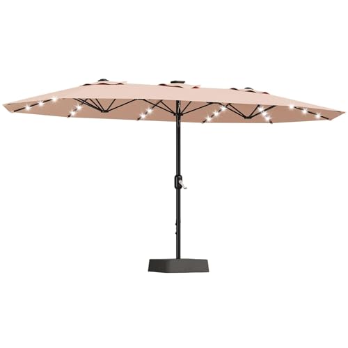 15FT Outdoor Patio Umbrella Double-Sided Rectangle Market Umbrella with 36 LED Solar Lights & Base UV50+ Weather-Resistant Oversized Outdoor Umbrella Crank Lift 3-Way Shade for Pool Garden Backyard