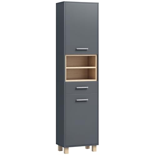 HOMCOM Colonna Bagno Moderna con Cassetto, Armadietti e 2 Vani Aperto Mobile Bagno Salvaspazio Alta in Legno, Maniglie in Lega di Alluminio, 40x24x160 cm, Grigio