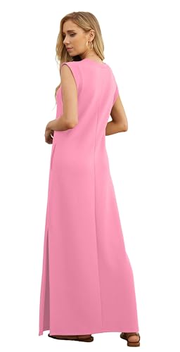 Image of GRECERELLE 2026 Women Year-Round Casual Round Neck Loose Split Wrinkle-Free Long Maxi Vacation Dress with Pockets (XXS-4XL)