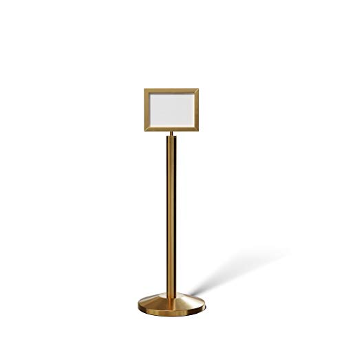 Crowd Control Warehouse Pedestal Standing Floor Sign Frame with Sloped Base, 8.5x11 Inch Horizontal, Satin Brass