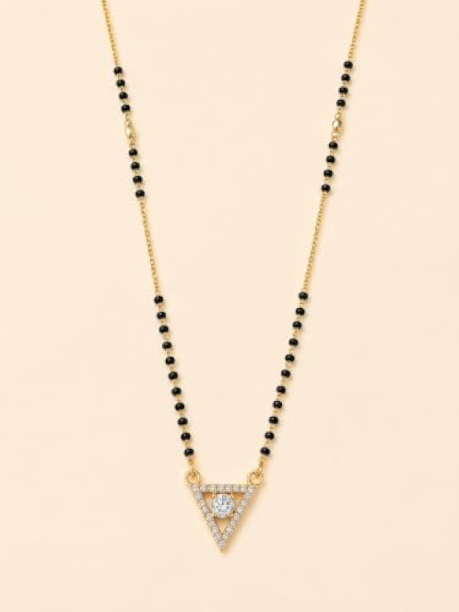 Women's Gold-Tone Triangular Crystal Black Bead Mangalsutra