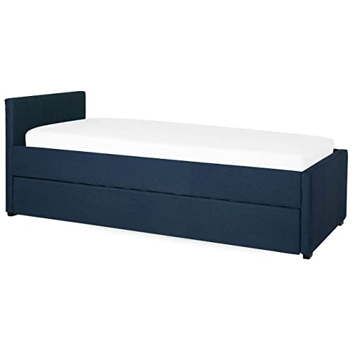 Beliani Tagesbett ausziehbar Stoffbezug Leinenoptik blau Lattenrost 80x200 cm Marmande – Bild 5