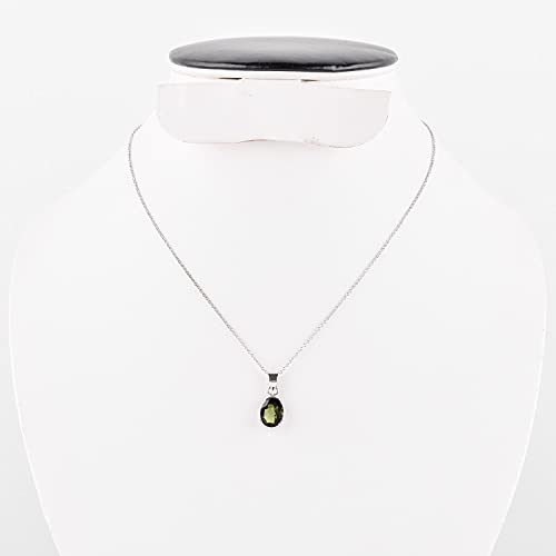 Green Tektite Moldavite Brilliant Cut Oval Stone Handmade Bezel Dainty Pendant Necklace For Women, Healing Chakra Crystal, Rhodium Plated 925 Sterling Silver Chain Necklace, Wedding Gift #TOP5
