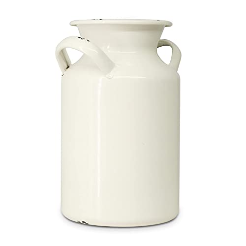 Putuo Decor Distressed White Decorative Metal Flower Vase, Vintage Farmhouse Ceramic Look Milk Can, Decorative Centerpieces for Home or Wedding Decor, 8 H