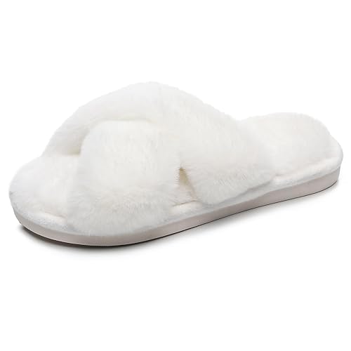 Crazy Lady Women's Fuzzy Fluffy Furry Fur Slippers Flip Flop Open Toe Cozy House Memory Foam Sandals Slides Soft Flat Comfy Anti-Slip Spa Indoor Outdoor Slip on