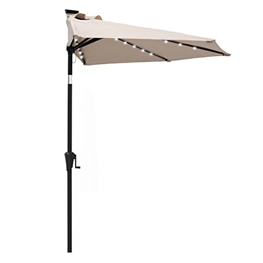 C-Hopetree 9 ft Half Round Outdoor Patio Market Wall Umbrella with Solar LED Lights and Tilt, Beige