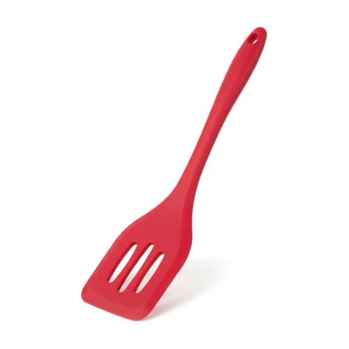 Image of DecorTwist Silicone Turner Spatula | Heat Resistant Kitchen Utensils for Cooking, Baking | BPA-Free, Food Grade Wooden Handle Nonstick Flipper for Fish, Eggs, Omelets (8X 0.2X 32cm,91g) Red