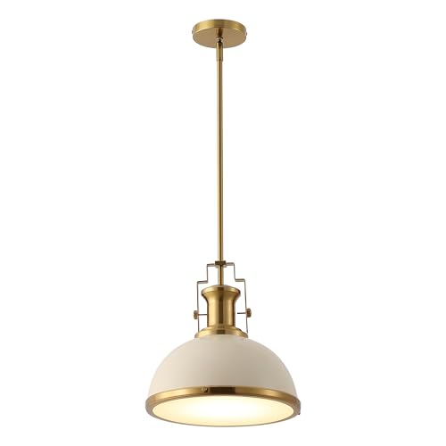 Image of JONATHAN Y Homer Industrial Dome Pendant 13 inch, Almond /Brass Gold | 1-Light, Farmhouse Style, Adjustable Hanging Height, Glass Diffuser, Sloped Ceiling Compatible, Metal, LED Bulb Included