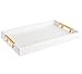 Home Redefined Modern Elegant 18"x12" Rectangle Glossy Faux Leather Shagreen White Decorative Serving Tray with Gold Polished Metal Handles for Ottoman Coffee Table Perfume