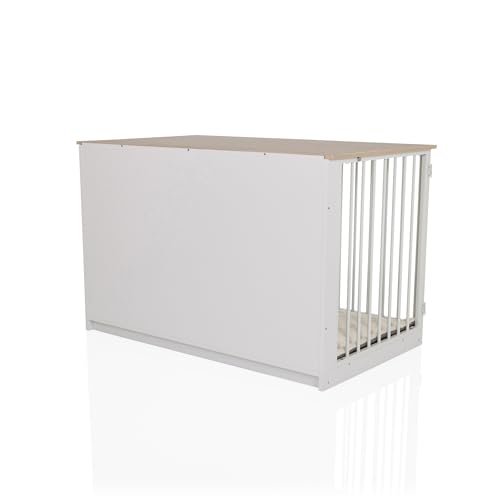 hjh LIVING Hundebox für Zuhause, 102x60x65,5 cm PAWHOME XL Hundekäfig inkl. Edelstahlnäpfe, Hundehaus mit Tür bis 30kg belastbar, Weiß/Eiche