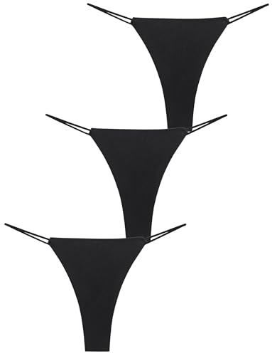 Nahtlose Hautgefühl Cheeky Strings für Frauen Weiche Elastische Niedrige Taille Slips Ultra Dünne Schnur Leichte Strecken Basic Höschen 3-Pack Schwarz M
