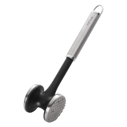 Stainless Steel Meat Tenderizer HIFIND Dual-Sided Hammer For Kitchen Mallet Non-Slip Grip Tenderizer for Steak, Beef, and Fish Kitchen Cooking Tool Dishwasher Safe (Brushed Polished Head)