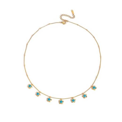 Kokoma Colar feminino com pingente de flor turquesa banhado a ouro 18 K, corrente de elos florais, ajustável em camadas, joia elegante e chique